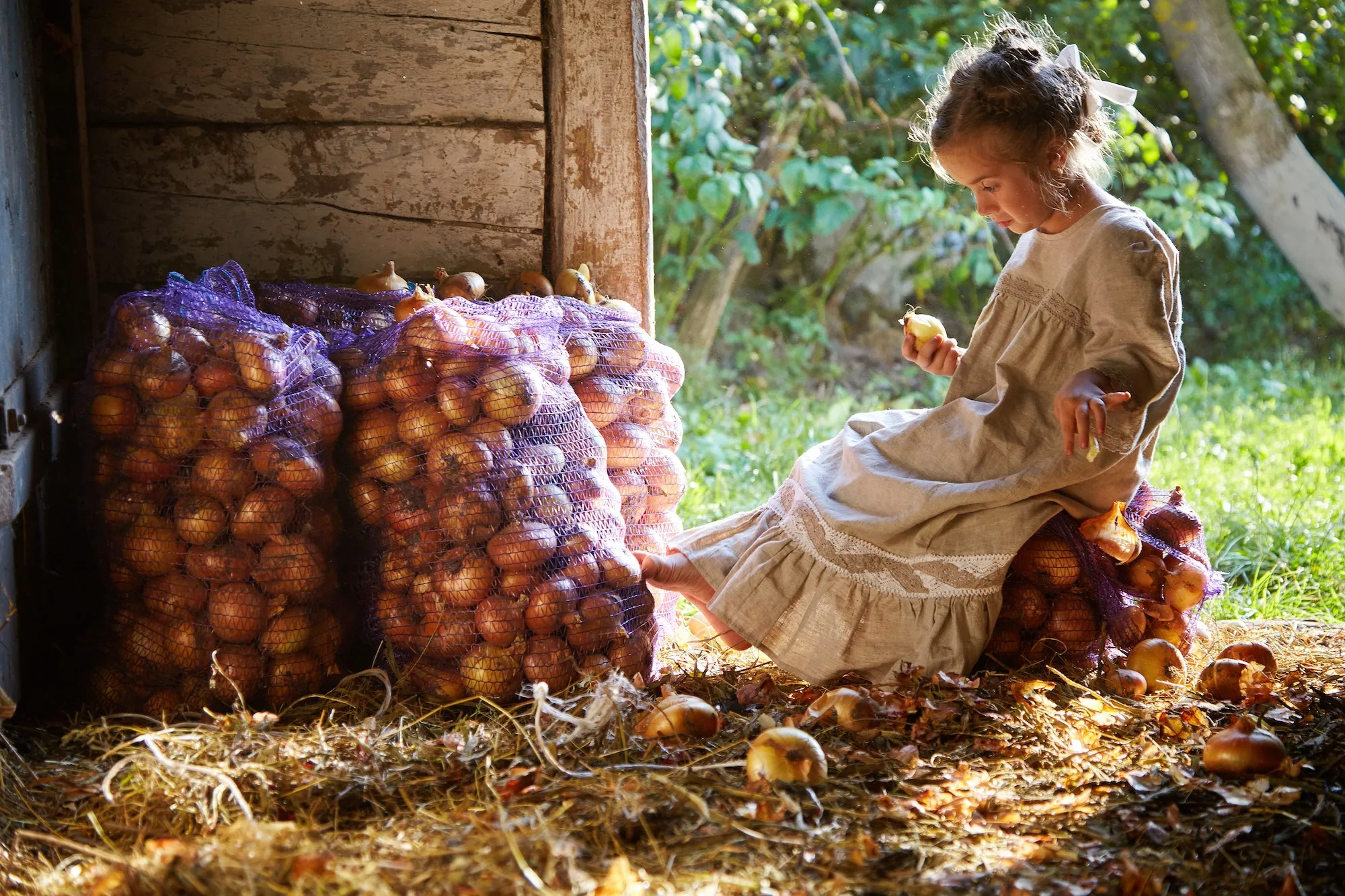 jeune fille regarde un sac d'oignon dans une grange